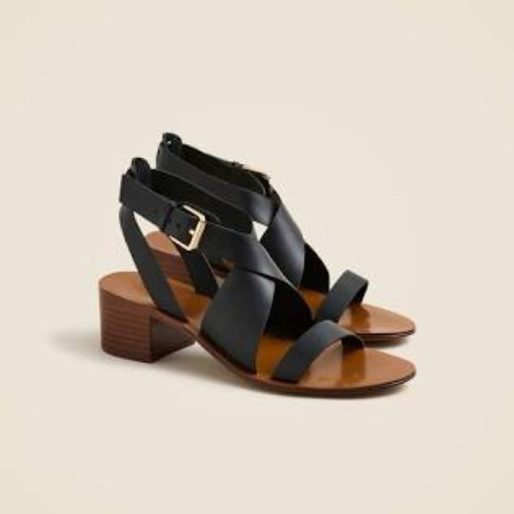 J Crew Cross-Strap Block-Heel Sandals In Leather Ch319